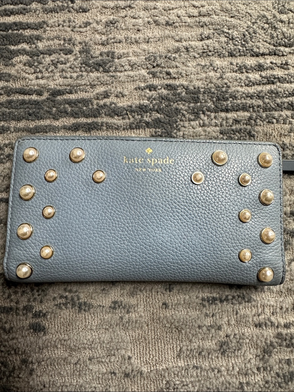 kate spade blue pebbled leather wallet with gold studs